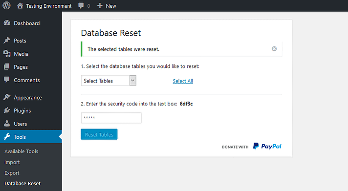 Database Reset Plugin reset complete