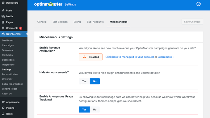 OptinMonster要求您共享匿名使用跟踪
