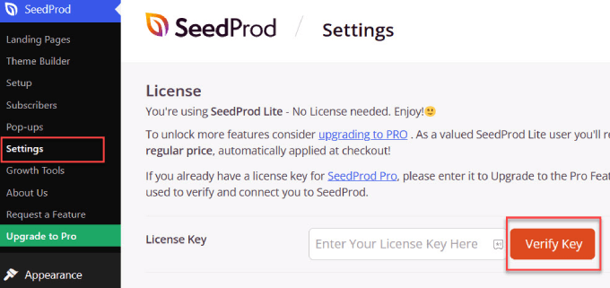 验证 SeedProd 的密钥