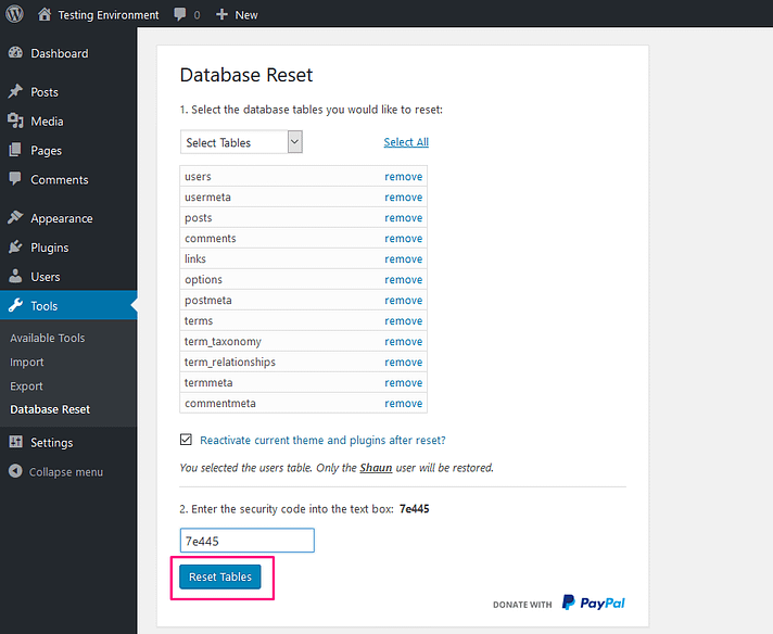 Database Reset Plugin Reset Tables