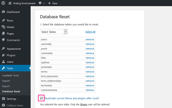 Database Reset Plugin reactivate