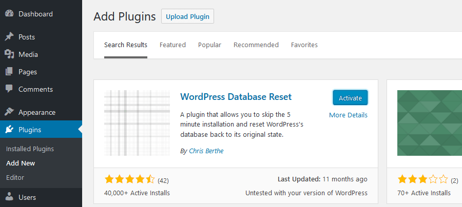 Install WordPress Database Reset Plugin