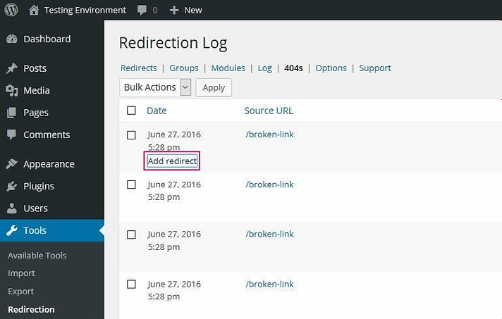 Redirection Add Redirect