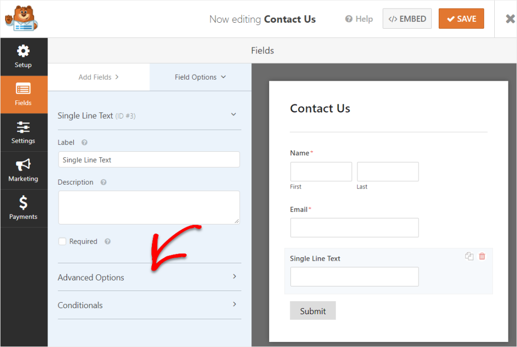 advanced options to find map option on form field 1