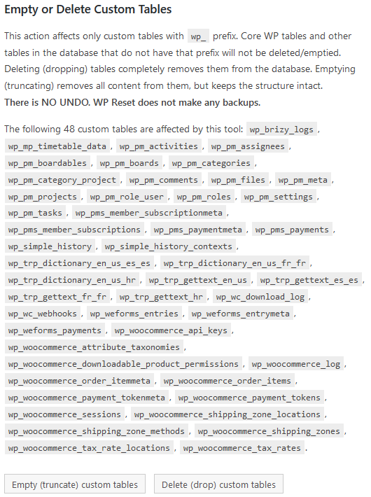 empty or delete custom tables