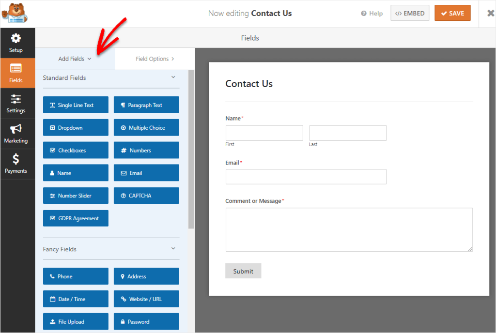 fields on a simple contact form before adding map