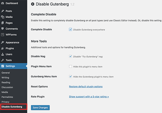 gutenberg default settings