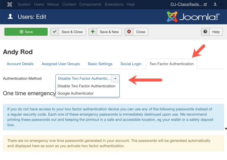 2fa joomla backend user