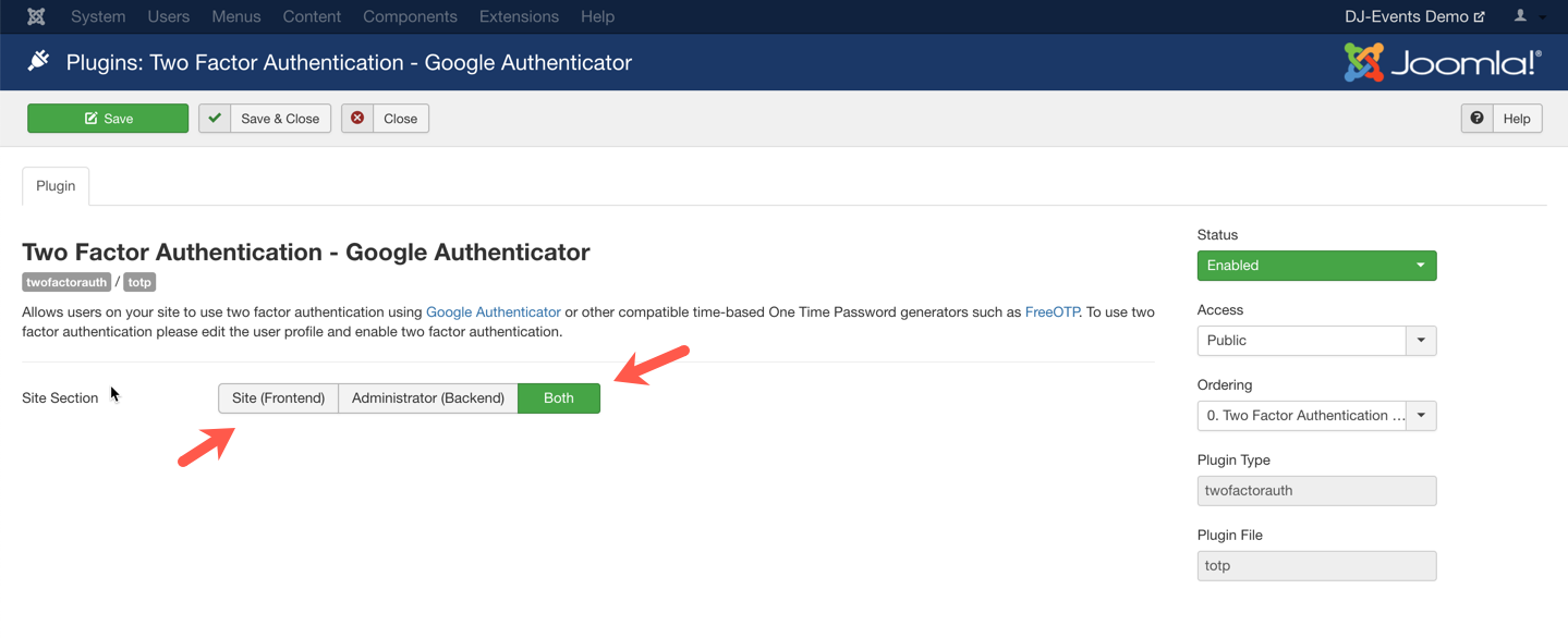 two factor auth site section