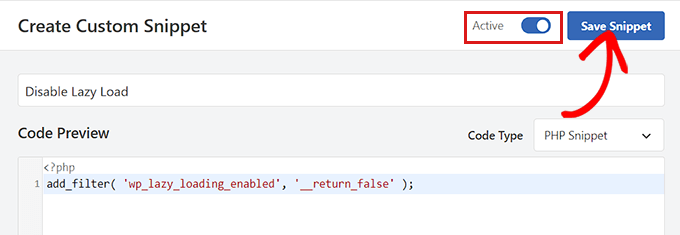save disable lazy load snippet