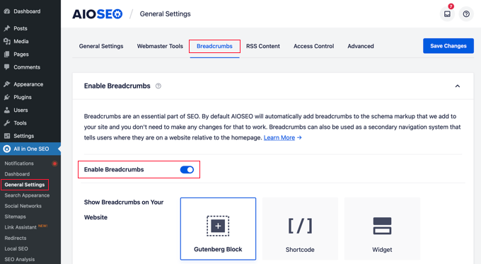 AIOSEO面包屑设置页面