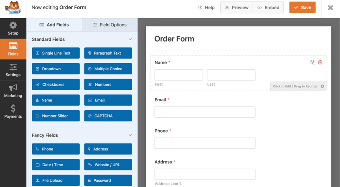 WPForms 将使用简单的订单表单预加载表单生成器