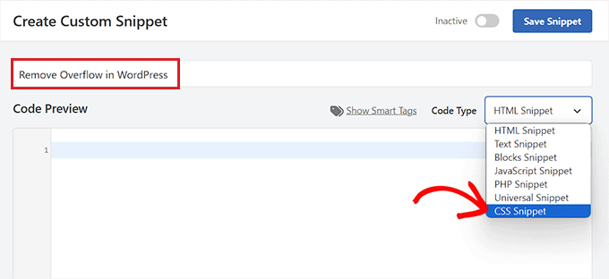 Choose CSS Snippet option to remove Overflow