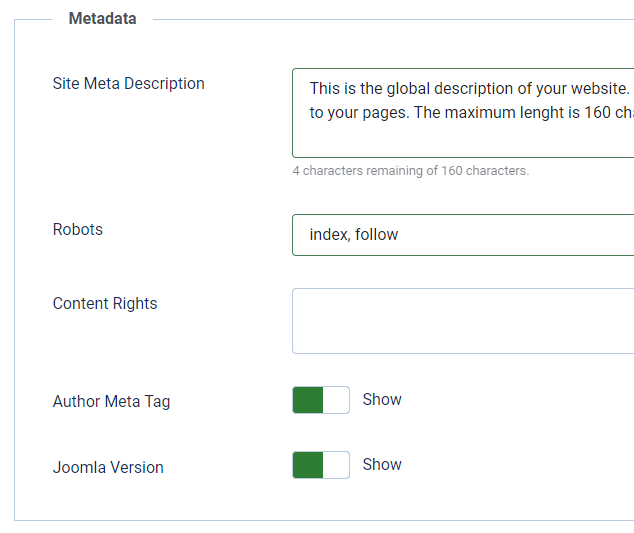 Joomla SEO 设置中的元数据参数