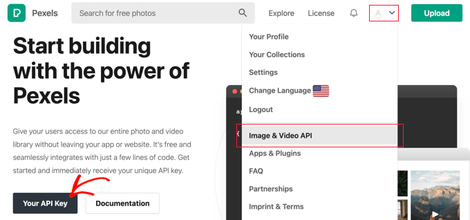从用户菜单中选择“图像和视频API”，然后单击“您的API密钥”按钮