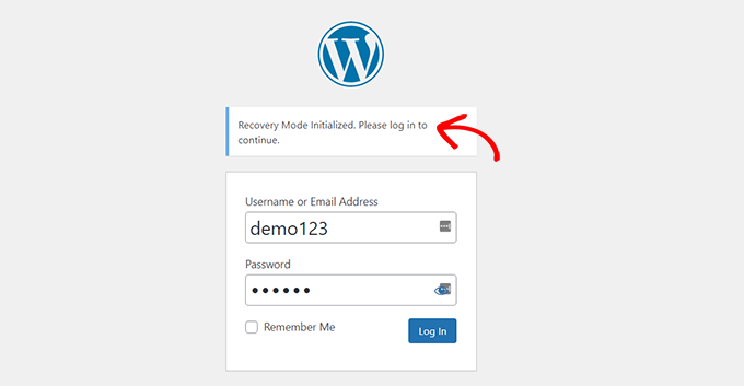 登录您的帐户以访问WordPress恢复模式