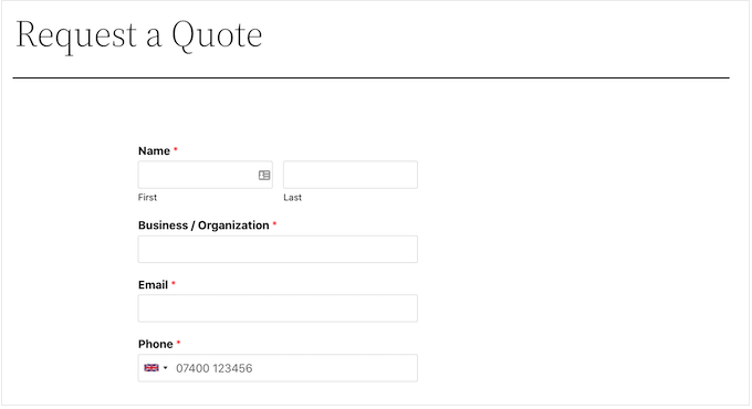 使用 WPForms 创建的“请求报价”表单