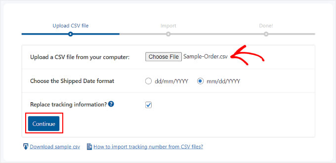 选择要使用 Advanced Shipment Tracking 插件导入的 CSV 文件