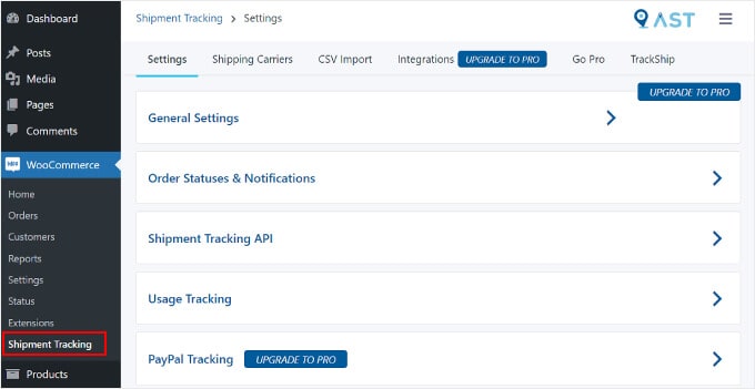 在WordPress上打开Advanced Shipment Tracking插件页面