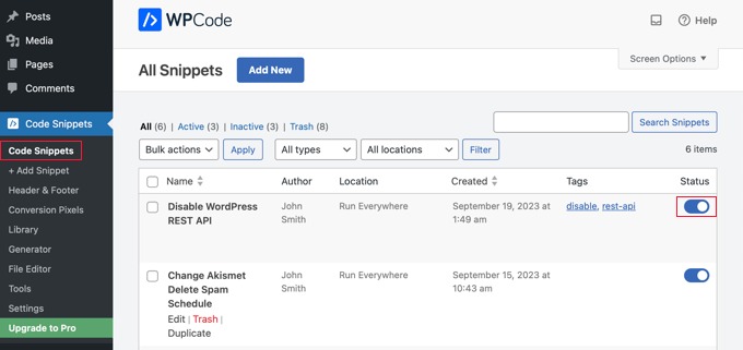 在 WPCode 中停用代码片段