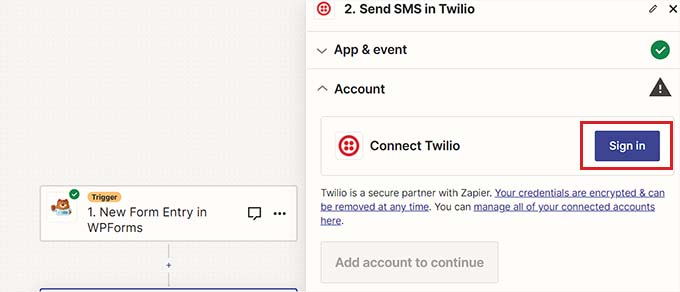 单击 Twilio 旁边的“登录”按钮