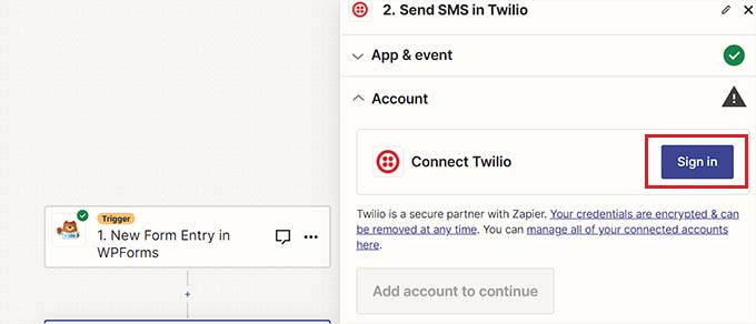 单击 Twilio 旁边的“登录”按钮