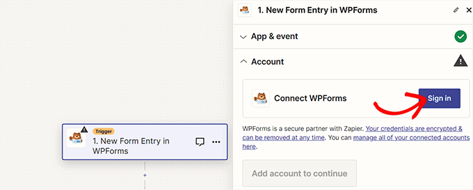 单击“WPForms”选项旁边的“登录”按钮
