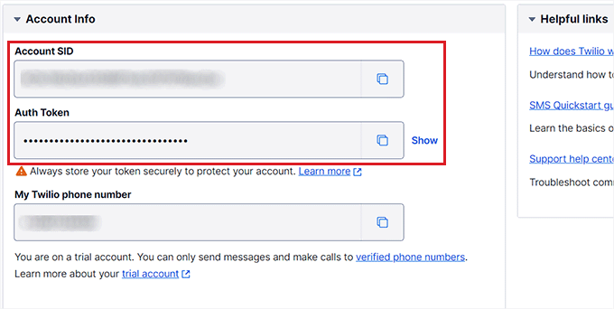 复制 Twilio 帐户信息