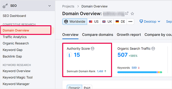 Semrush 中的域权限