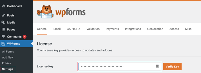 输入 WPForms 许可证密钥