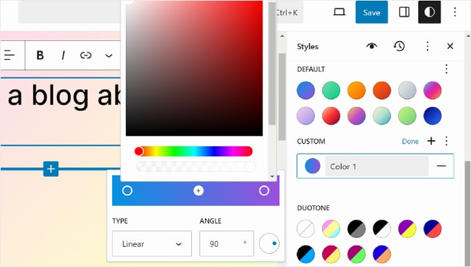 在WordPress全站编辑器中创建自定义渐变颜色