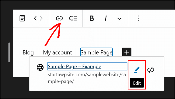 在 WordPress 全站编辑中从块工具栏编辑页面链接
