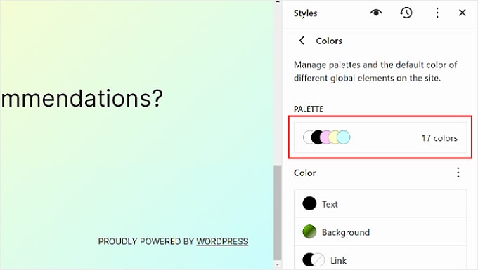 在 WordPress 全站编辑器的“颜色”选项中选择调色板