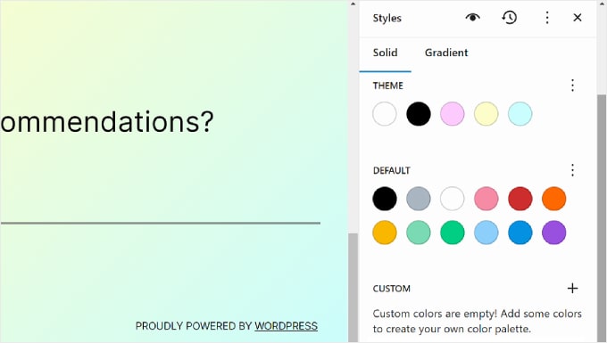 主题、默认和自定义颜色设置在 WordPress 全站编辑器的“样式”选项卡中