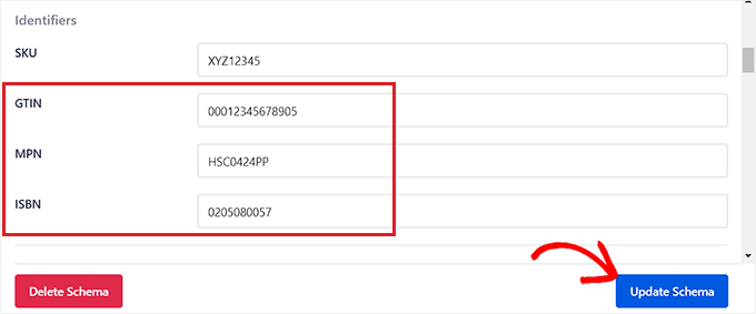 添加 ISBN、GTIN 或 MPN，然后单击“更新架构”按钮