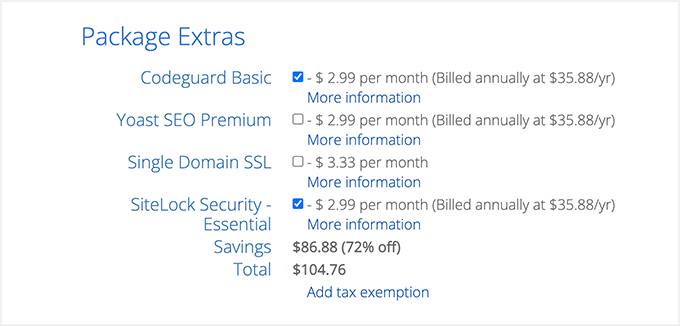 Bluehost 软件包附加功能