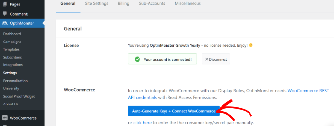 自动生成密钥并连接 WooCommerce