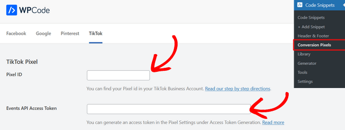 将 TikTok 像素 ID 和事件 API 访问令牌粘贴到 WPCode 中