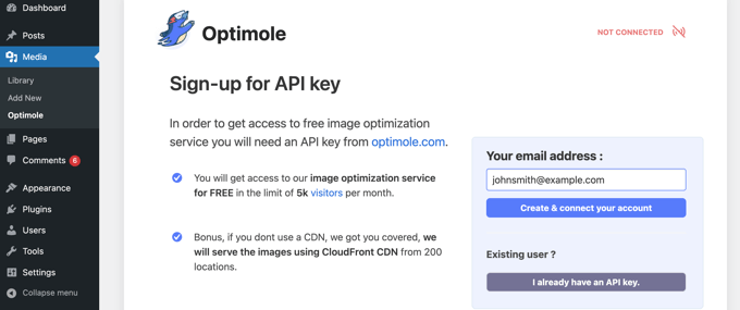 您需要一个 Optimole API 密钥