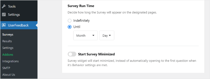 UserFeedback 上的“调查运行时”设置