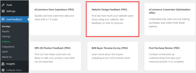 在 UserFeedback 上选择 Website Design Feedback Pro 模板