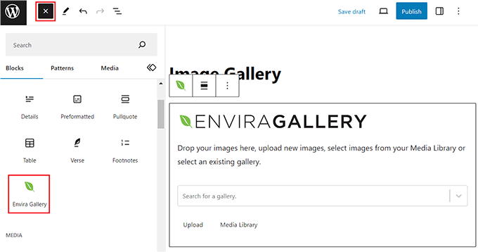 添加 Envira Gallery 块