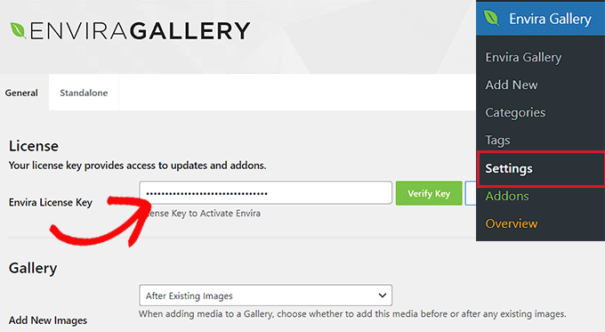 添加 Envira Gallery 许可证密钥