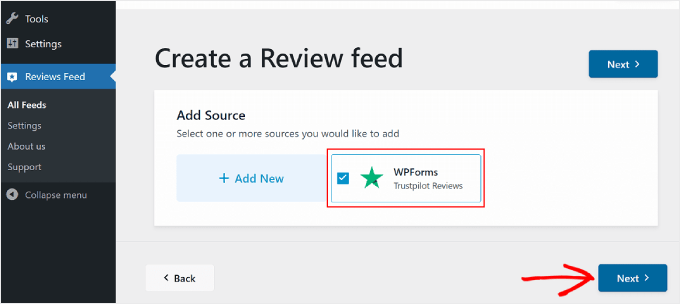 选择评论源以创建评论提要，以便使用 Reviews Feed Pro 插件