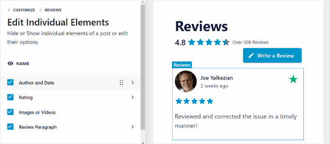 在 Reviews Feed Pro 插件中编辑各个评论提要元素