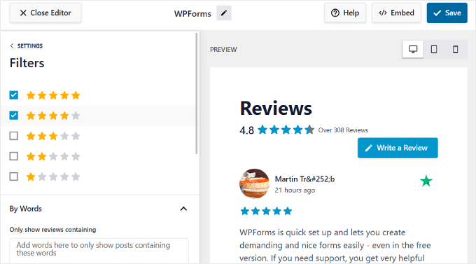 使用 Reviews Feed Pro 插件配置评论过滤器