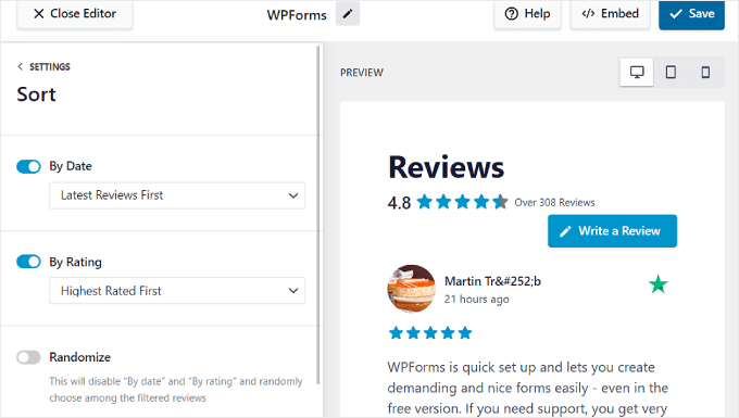 使用 Reviews Feed Pro 插件配置评论显示排序设置