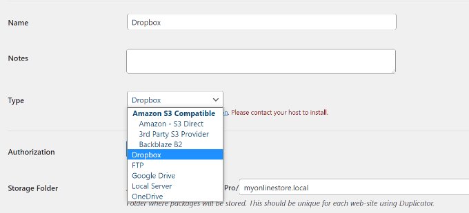 选择 Dropbox 作为类型