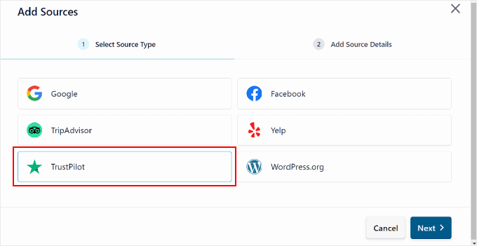 在 Reviews Feed pro 插件中选择 Trustpilot 作为评论来源