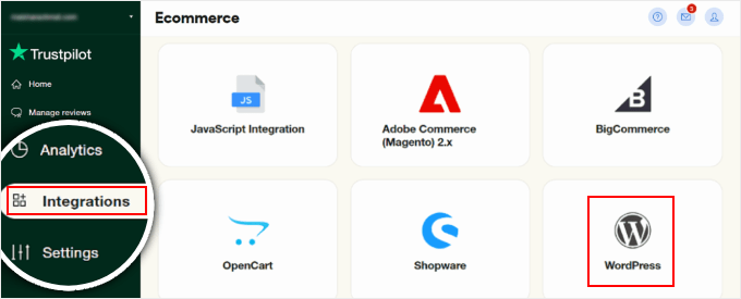 在 Trustpilot 的电子商务集成菜单中选择 WordPress